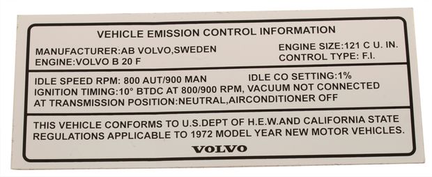 Dekal Vehicle Emission 1800 1972 in der Gruppe Volvo / P1800 / Sonstige / Etikett/Aufkleber P1800 1961-73 bei VP Autoparts AB (136)