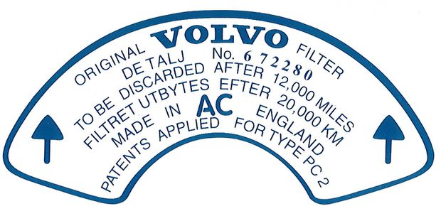 Dekal Luftfilter B18B 672280 in der Gruppe Volvo / 140/164 / Sonstige / Dekale / Etikett/Aufkleber 140 bei VP Autoparts AB (186)