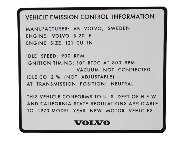 Dekal Abgaskontrolle B20E 1970 in der Gruppe Zubehr / Drucksachen / Etikett/Aufkleber Volvo bei VP Autoparts AB (204)