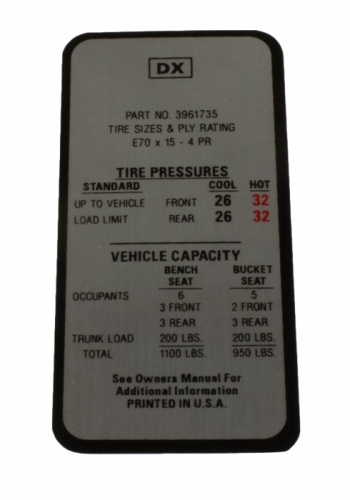 1969 CAMARO Z28 TIRE PRESSURE DECAL in der Gruppe Zubehr / Drucksachen / Etikett/Aufkleber GM bei VP Autoparts AB (DC0412)