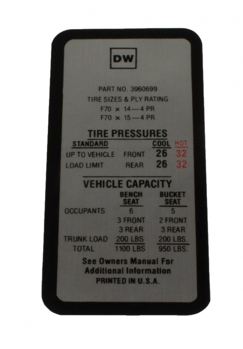 69 CAMARO SS/CHEVELLE SS TIRE PRESS.DEC